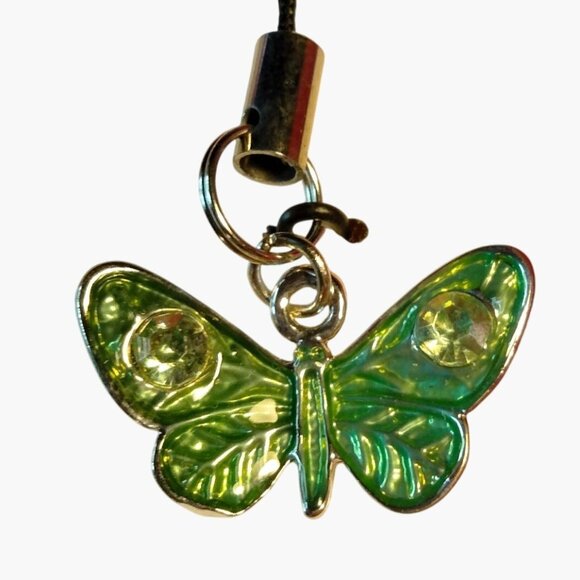 Phone Charm Bag Key Green Butterfly Enamel Rhinestone - Picture 2 of 3
